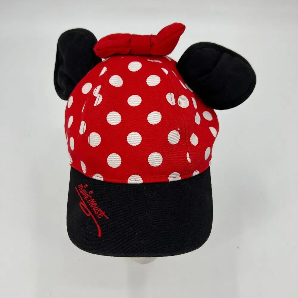 Disney Minnie Mouse Cap Girls One Size Red Polka Dot Ears Bow Snapback Baseball